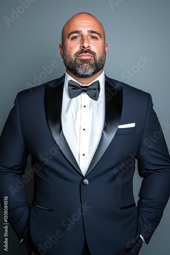 Portrait of a Bald Bearded Man in a Navy Tuxedo
