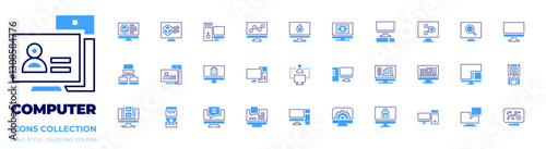 Computer icon collection. Bold style. Duotone colors. connection, computer, pc, engineering, search, voting, screen mirroring, message, network