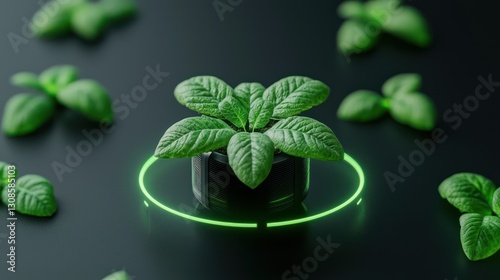 Botanical Radiance: A vibrantly illuminated basil plant flourishes within a sleek, minimalist pot, surrounded by an abstract array of leaves against a dark backdrop. 