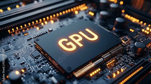 A high-performance GPU (Graphics Processing Unit) chip with intricate circuitry on a green motherboard