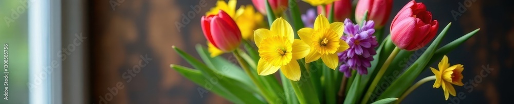 Vibrant tulips, daffodils, and hyacinths in a rustic vase , red, bloom Vibrant tulips, daffodils, and hyacinths in a rustic vase , red, bloom