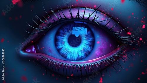 Cybernetic eye graphics, Futuristic cybernetic eye glowing with neon blue and purple hues intricate circuit designs.