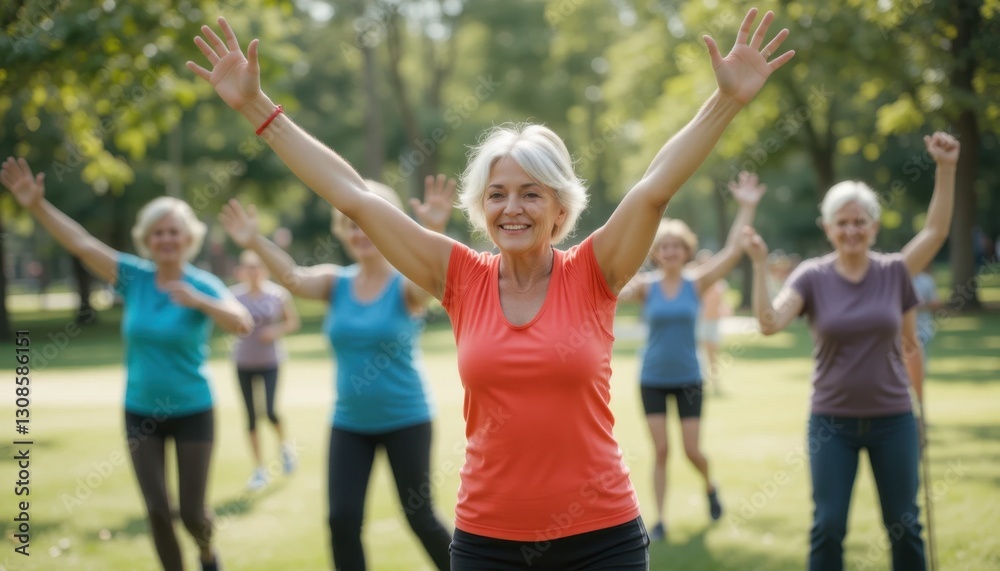 Group fitness class for seniors in park exercise activity outdoor setting vibrant atmosphere upbeat perspective Group fitness class for seniors in park exercise activity outdoor setting vibrant atmosphere upbeat perspective