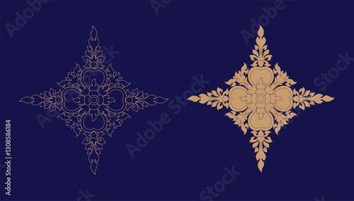 Khmer ancient art drawing from sculpture art of  Angkor Wat temple. Ancient ornament art of Cambodia. Good for Royal event decor.