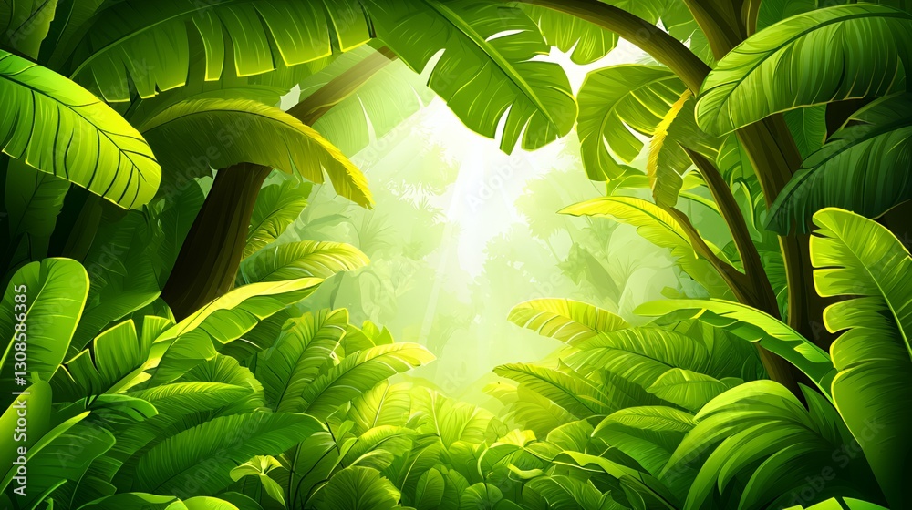 Obraz premium Lush Green Tropical Jungle with Sunlight Path