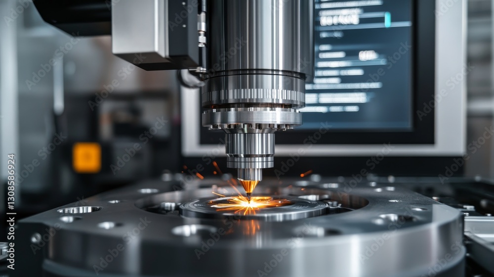 Fototapeta premium A cutting-edge laser cutting machine performing intricate work on metal, with sparks flying, symbolizing advanced industrial technology and precision engineering.. AI Generation