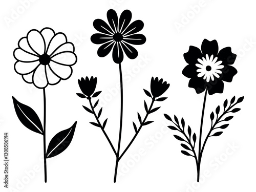 Set of decorative flowers silhouette isolated on grey. Vector illustration. Poppy, dahlia, daisy, sosmos, and bell set. Silhouette Flower collection
