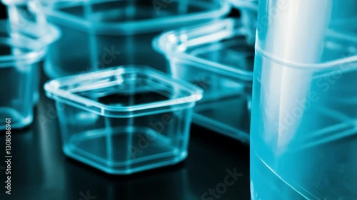 Teal liquid in plastic containers on dark background, food prep