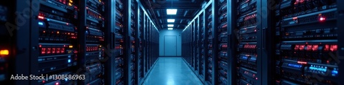 Densely packed server racks, countless cables , bundles, cables, datacenter