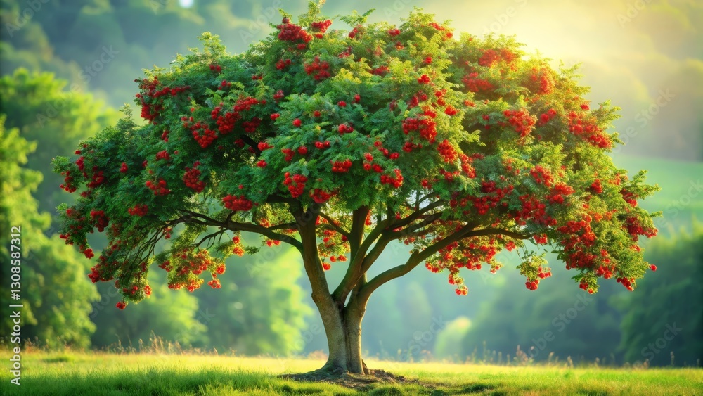 Naklejka premium A Lush Green Tree Abundantly Bearing Clusters of Vibrant Red Berries in a Serene Meadow Landscape
