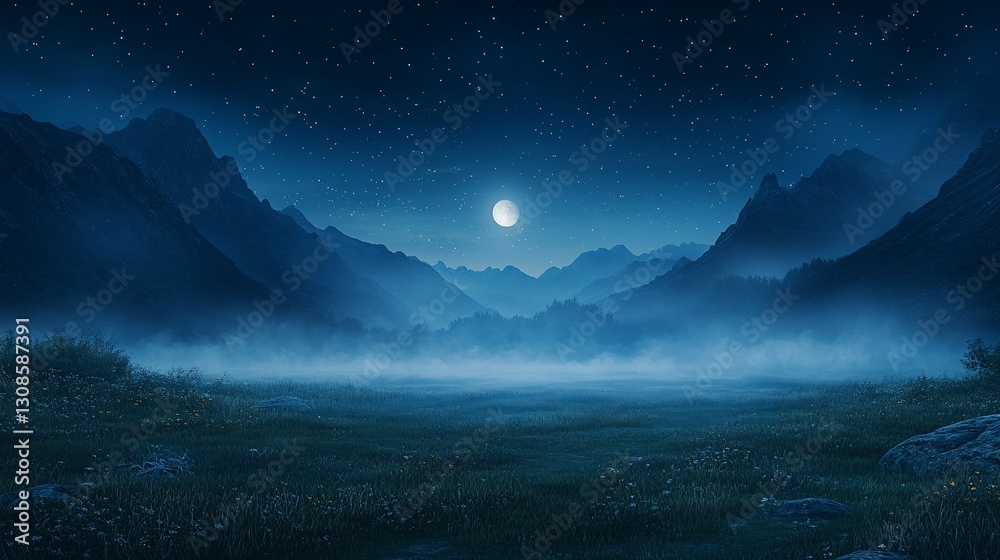 Moonlit Meadow, Misty Mountains at Night Moonlit Meadow, Misty Mountains at Night