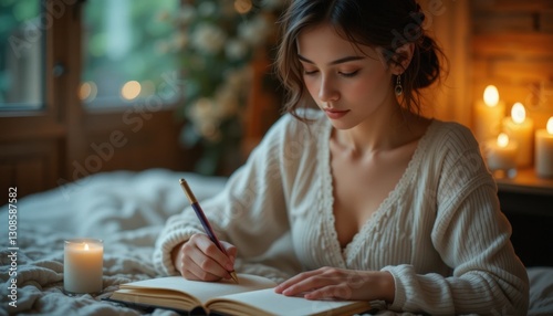 Writing reflection cozy bedroom lifestyle content warm environment intimate viewpoint personal growth
