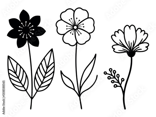 Set of decorative flowers silhouette isolated on grey. Vector illustration. Poppy, dahlia, daisy, sosmos, and bell set. Silhouette Flower collection