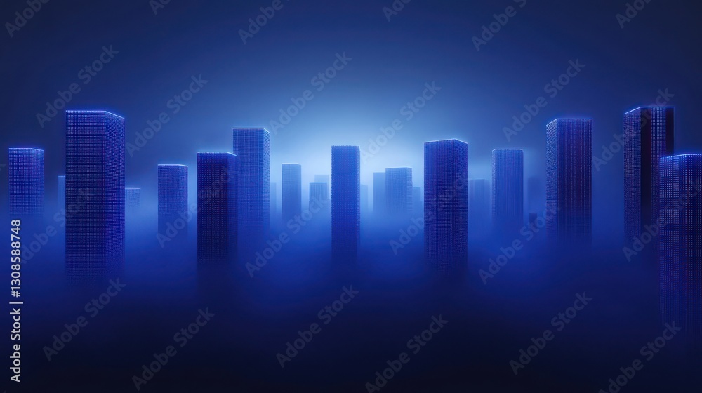 Cityscape in Blue: An abstract and mysterious cityscape in varying shades of blue with rectangular buildings. The city is enveloped in a soft blue mist, with a glow illuminating the heart of the city. Cityscape in Blue: An abstract and mysterious cityscape in varying shades of blue with rectangular buildings. The city is enveloped in a soft blue mist, with a glow illuminating the heart of the city.