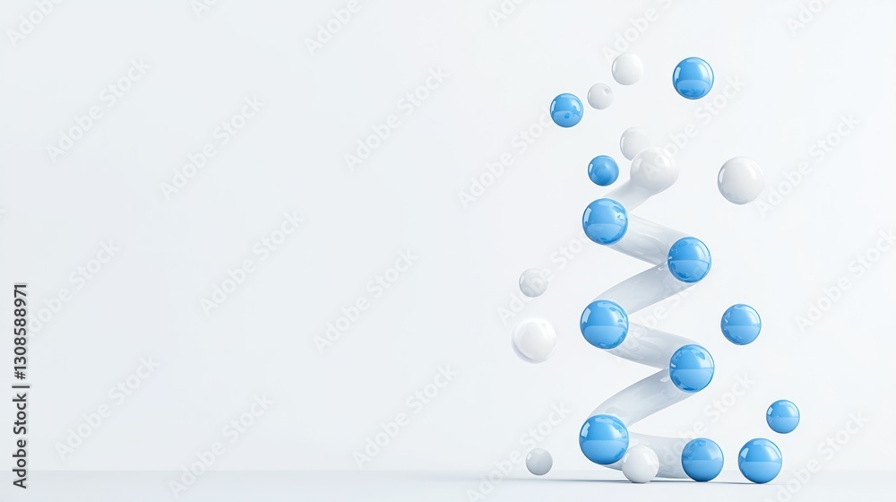 Molecular Spiral: A dynamic 3D render featuring a stylized molecular spiral, composed of interconnected white and blue spheres, against a clean background. Molecular Spiral: A dynamic 3D render featuring a stylized molecular spiral, composed of interconnected white and blue spheres, against a clean background.