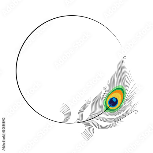 linear drawing of a peacock feather in the form of a round frame on a white background. An elegant exotic frame for messages or greetings. stock vector illustration.EPS 10.