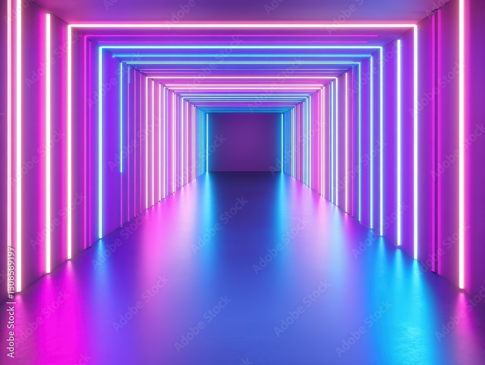 Futuristic hallway with vibrant neon lights in pink and blue colors, creating a dynamic and visually striking perspective in a modern space Futuristic hallway with vibrant neon lights in pink and blue colors, creating a dynamic and visually striking perspective in a modern space