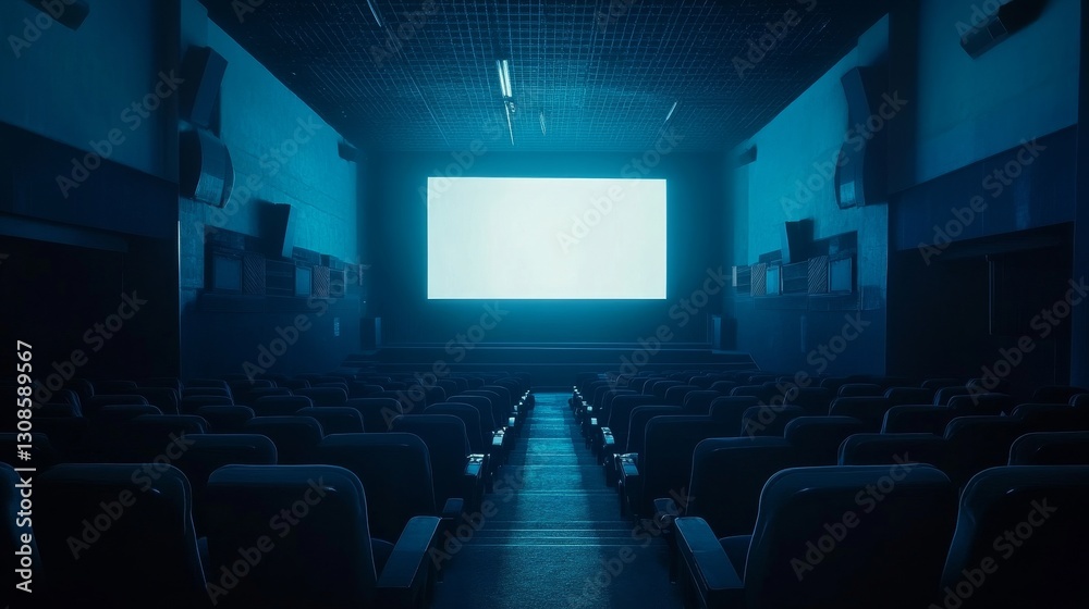 Fototapeta premium An empty cinema hall with dark blue lighting, illuminated by the screen in front of it