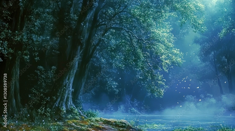 Obraz premium Mystical forest with ethereal tranquility invites. Serene wilderness enchants with peaceful foliage and mysterious atmosphere. Enchanted forest environment, ideal for serene landscapes and fantasy