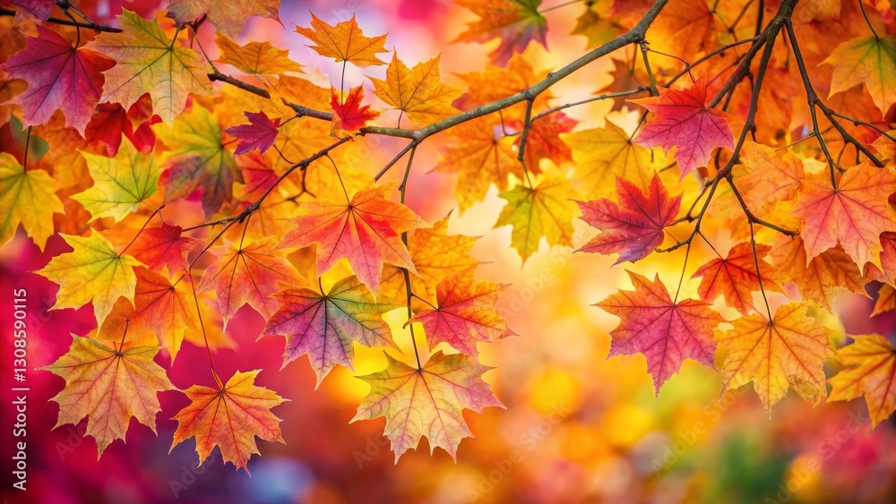 Autumnal Maple Leaves Displaying Vibrant Hues of Red, Orange, and Yellow on a Branch Autumnal Maple Leaves Displaying Vibrant Hues of Red, Orange, and Yellow on a Branch