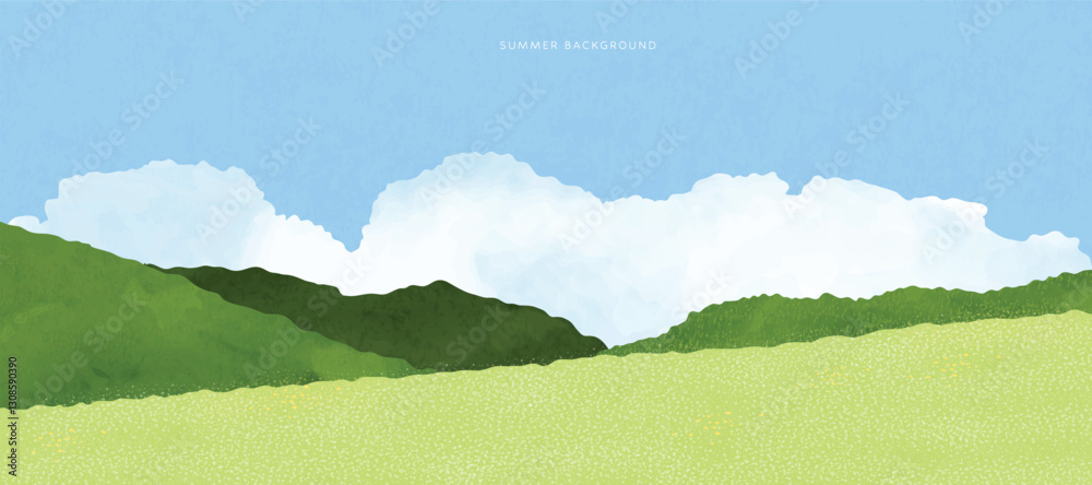 Fototapeta premium Abstract Green Summer landscape background vector. Nature wallpaper of green field on mountain, flower, blue sky. Watercolor illustration for cover, banner, wall art, decoration.