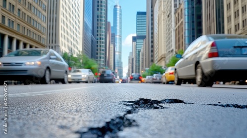 Cracked city street, blurred cars and skyscrapers, ground level view of urban decay, infrastructure problems on roadway.