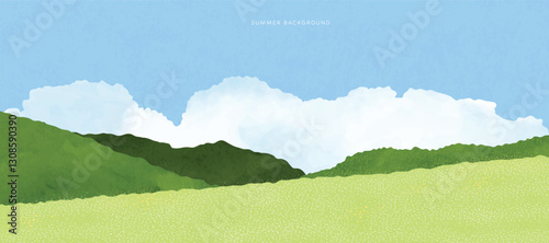 Abstract Green Summer landscape background vector. Nature wallpaper of green field on mountain, flower, blue sky. Watercolor illustration for cover, banner, wall art, decoration.