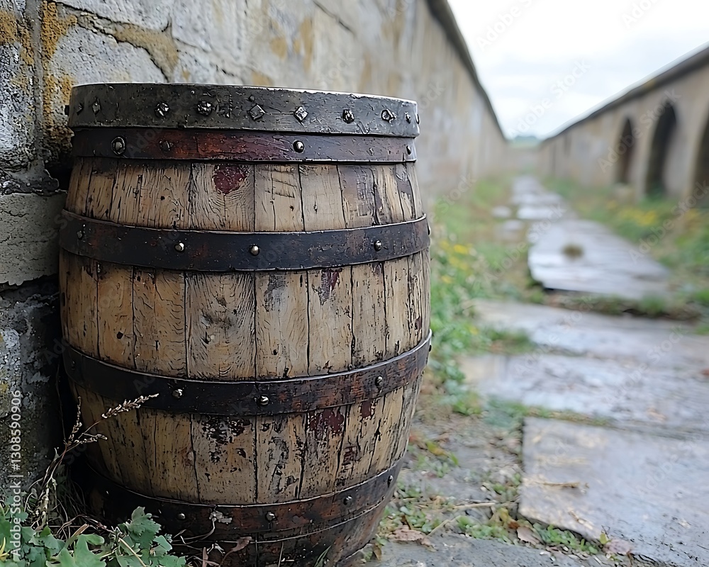 Aged Wooden Barrel by Stone Wall Aged Wooden Barrel by Stone Wall