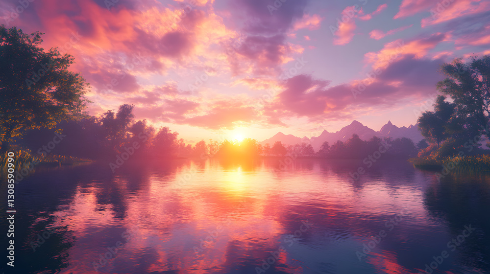 Obraz premium Tranquil lake sunset reflection serene nature scene background wallpaper peaceful environment vibrant viewpoint