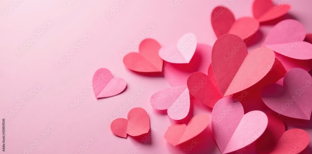 Pile of handcrafted paper hearts, pink backdrop, celebration, texture, art Pile of handcrafted paper hearts, pink backdrop, celebration, texture, art