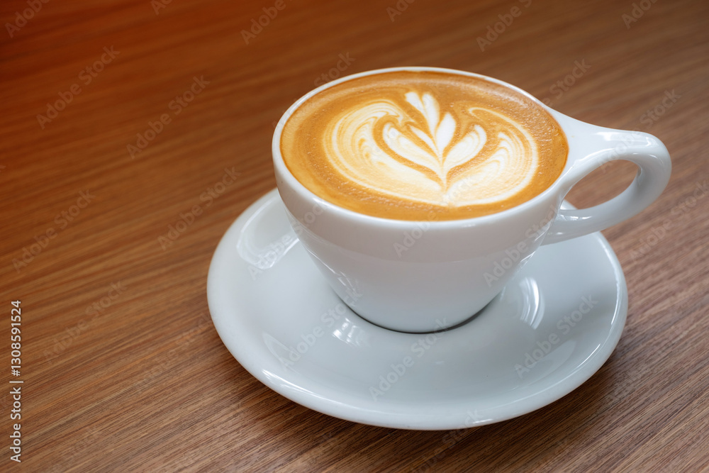 Hot coffee latte art in white coffee cup on wooden table with warm tone Hot coffee latte art in white coffee cup on wooden table with warm tone