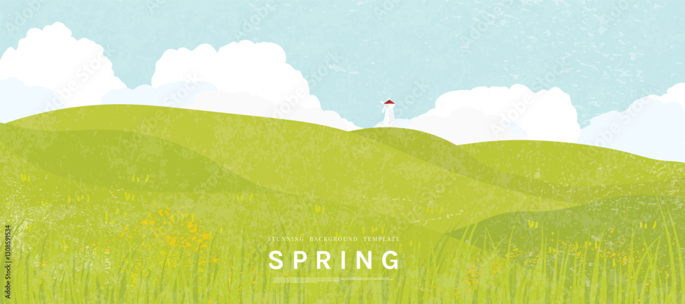 Abstract Green Summer landscape background vector. Nature wallpaper of green field on mountain, flower, blue sky, lighthouse. Watercolor illustration for cover, banner, wall art, decoration.