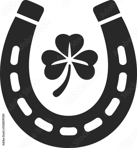 Silhouette of a horseshoe with a shamrock inside, concept luck and Irish tradition.