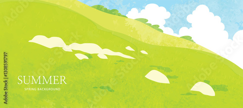 Abstract Green Summer landscape background vector. Nature wallpaper of green field on mountain, flower, blue sky. Watercolor illustration for cover, banner, wall art, decoration.
