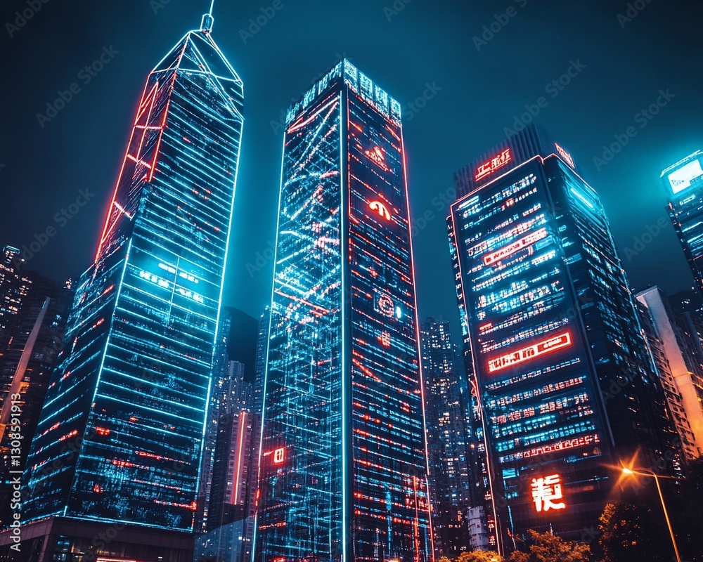Obraz premium Neon-lit skyscrapers at night, city skyline