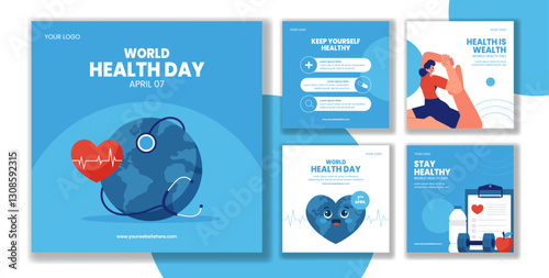 World Health Day Digital Social Media Post Template in Flat Cartoon Style