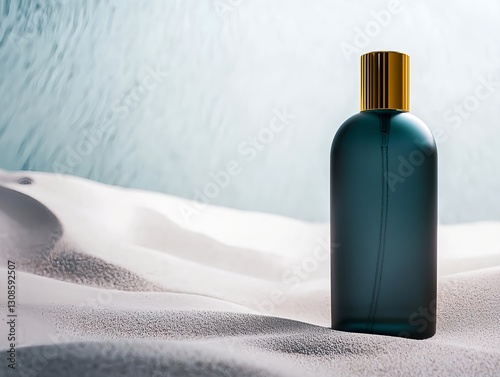 An elegant body oil bottle with gold details standing in the sand on a gray-blue monochromatic background