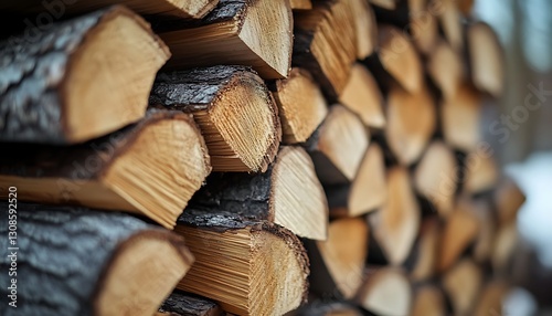 Stacked woodpile outside in blurred snowy winter