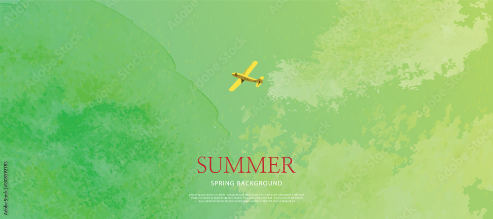 Fototapeta premium Abstract Green Summer landscape background vector. Nature wallpaper of green field on mountain, flower, plane. Watercolor illustration for cover, banner, wall art, decoration.