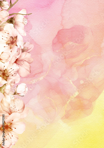 Watercolor pink yellow paint paper background with spring sakura blossom floral cherry flowers. Pastel Grunge texture template for seasonal design.
