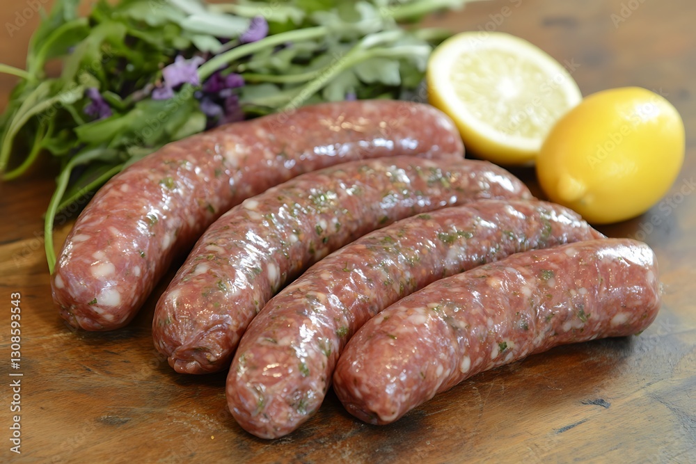 Fresh herb sausages on wooden board with lemon Fresh herb sausages on wooden board with lemon