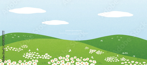 Abstract Green Summer landscape background vector. Nature wallpaper of green field on mountain, flower, blue sky, butterfly. Watercolor illustration for cover, banner, wall art, decoration.