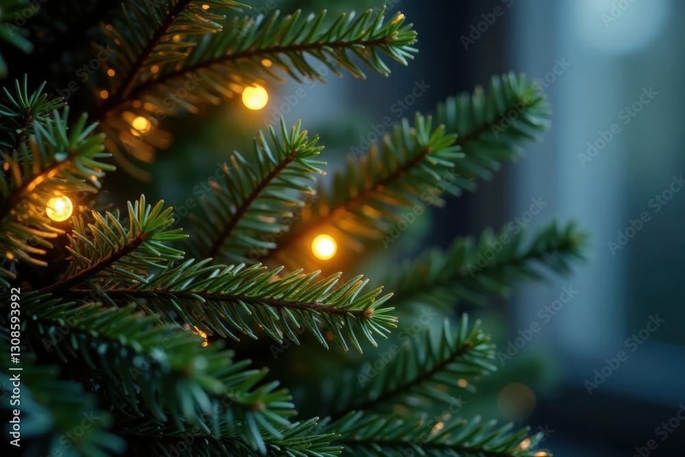 Glimmering fairy lights entwined with lush pine boughs , christmas background, holiday background, bokeh Glimmering fairy lights entwined with lush pine boughs , christmas background, holiday background, bokeh