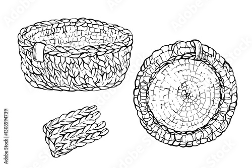 Knitted baskets.Vector black line art hand drawing illustration. Hobby knitting handmade element for yarn skeins, macrame. Isolated from background clipart for handicraft product logo, sticker, label.