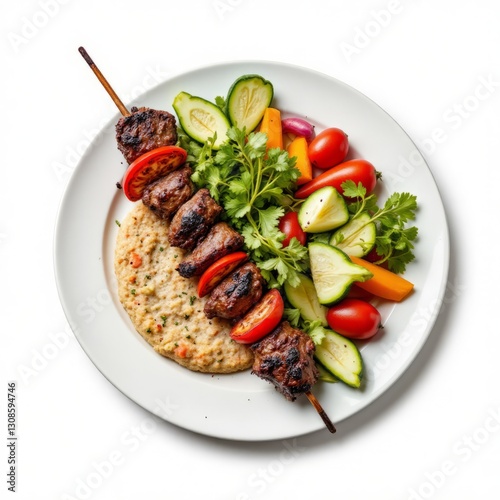 Delicious grilled meat kebab with fresh vegetables on a plate photo