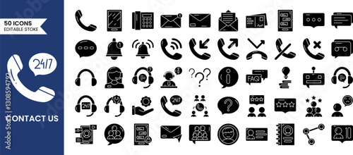 Contact us icon set in solid style. Support, mobile, phone, talk, call center and more. Vector illustration