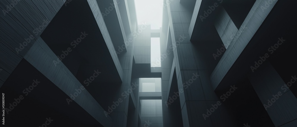 Fototapeta premium Black and white photograph of a modern building with a high ceiling. the building appears to be made of concrete and has a geometric pattern on the walls and ceiling.