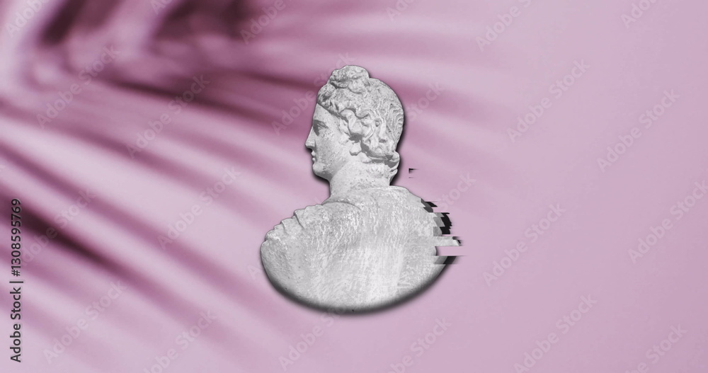 Naklejka premium Image of ancient sculpture bust with glitch over shadow of palm leaf on pink background