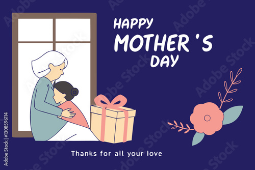 A heartwarming Mother's Day graphic featuring a grandmother and grandchild embracing by a window, with a gift box