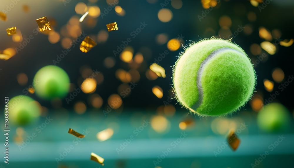 Fototapeta premium Tennis ball is flying through the air with confetti around it. The scene is lively and energetic, with the confetti adding a festive touch to the image